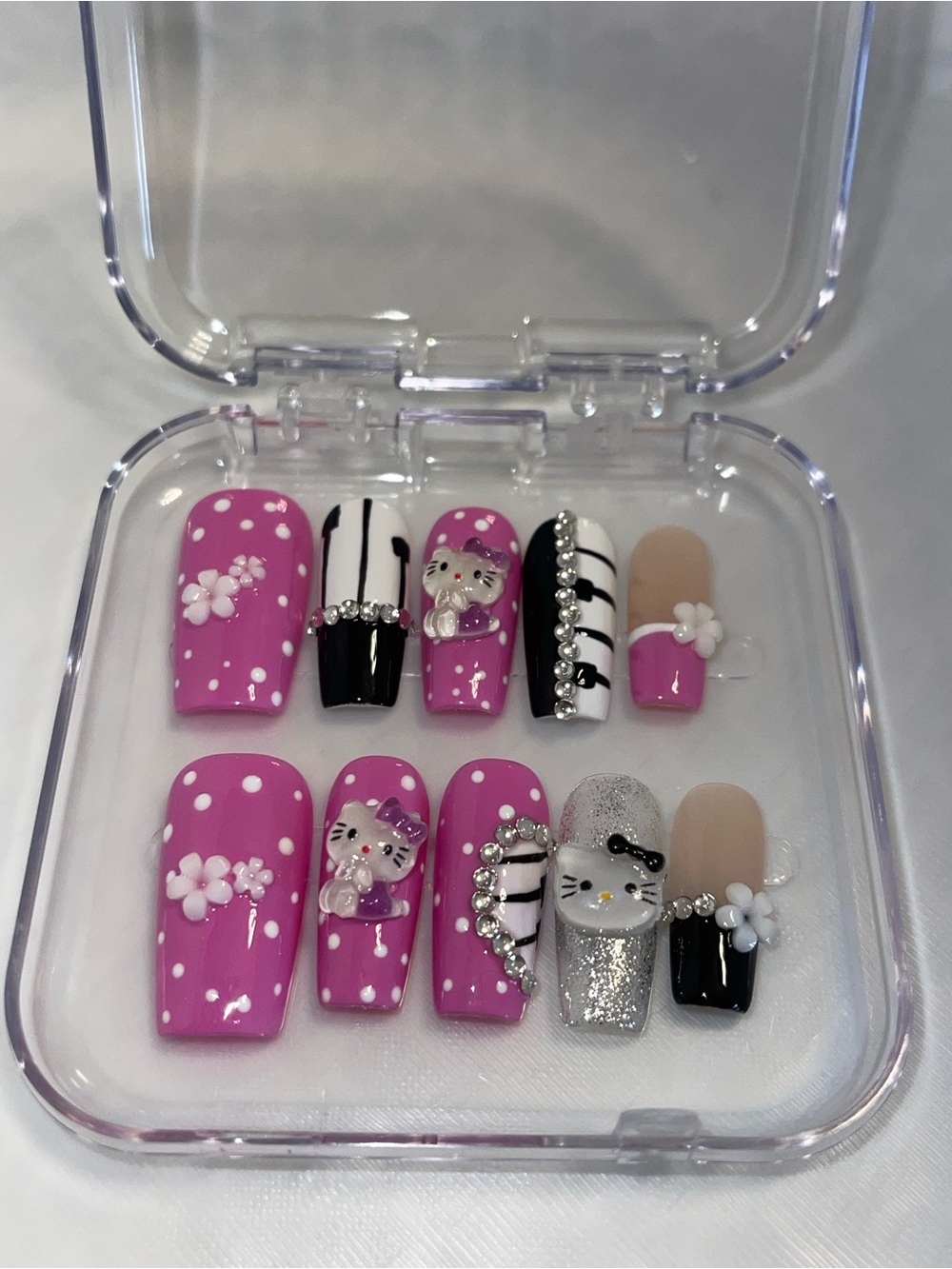 Pink Hello Kitty 3D Handmade Nail Set with Black & Silver Accents
